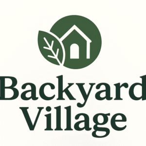 Backyard Village logo that refers to directory site where you can find high-quality wooden sheds, saunas and playhouses